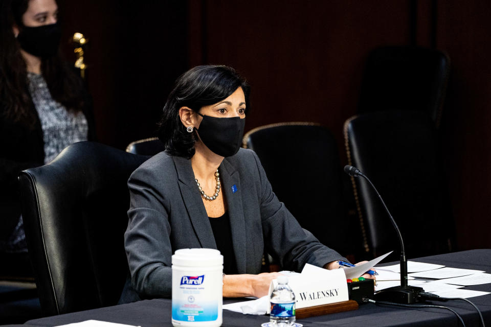 WASHINGTON, DC - MARCH 18: Dr. Rochelle Walensky, Director for Centers for Disease Control and Prevention, listens during a hearing, with the Senate Committee on Health, Education, Labor, and Pensions, on the Covid-19 response, on Capitol Hill on March 18, 2021 in Washington, DC. Dr. Anthony Fauci appeared before a joint hearing of the house committees to lay out a timeline for vaccinating children against COVID-19. (Photo by Anna Moneymaker-Pool/Getty Images)