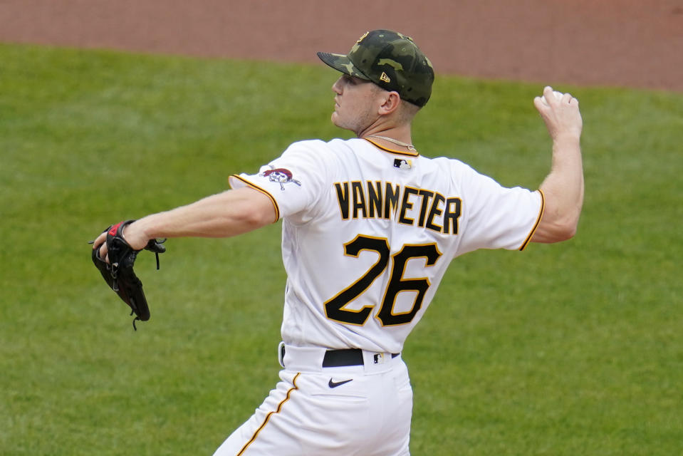 Pittsburgh Pirates' Josh VanMeter delivers during the ninth inning of a baseball game against the St. Louis Cardinals in Pittsburgh, Sunday, May 22, 2022. (AP Photo/Gene J. Puskar)