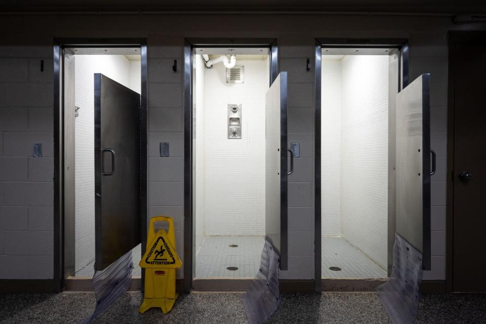 Shower facilities in the "Little Scandinavia" unit are clean and offer inmates some privacy.