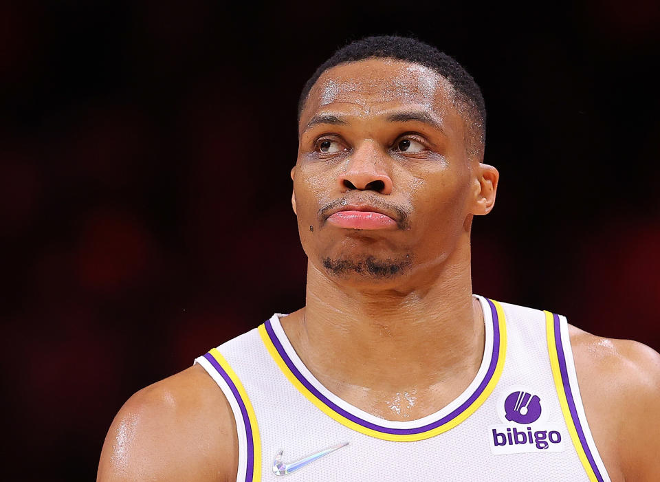 ATLANTA, GEORGIA - JANUARY 30:  Russell Westbrook #0 of the Los Angeles Lakers reacts after their 129-121 loss to the Atlanta Hawks at State Farm Arena on January 30, 2022 in Atlanta, Georgia.  NOTE TO USER: User expressly acknowledges and agrees that, by downloading and or using this photograph, User is consenting to the terms and conditions of the Getty Images License Agreement. (Photo by Kevin C. Cox/Getty Images)