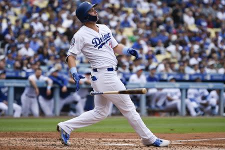 Jun 17, 2018; Los Angeles, CA, USA; Los Angeles Dodgers left fielder Joc Pederson (31) reacts after hitting a fly out against the San Francisco Giants during the third inning at Dodger Stadium. Mandatory Credit: Kelvin Kuo-USA TODAY Sports