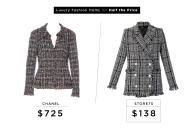 <p>Chanel Tweed Sash Tie Blazer (Vintage), $725, <a rel="nofollow noopener" href="https://www.therealreal.com/products/women/jackets/chanel-tweed-sash-tie-blazer?sid=m9gvbv&utm_source=polyvore&utm_medium=shopping&cvosrc=cse.polyvore.polyvore&utm_source=polyvore&utm_medium=cpc&utm_campaign=Default" target="_blank" data-ylk="slk:therealreal.com;elm:context_link;itc:0;sec:content-canvas" class="link ">therealreal.com</a><br>Storets Shauna Tweed Blazer, $138, <a rel="nofollow noopener" href="http://www.storets.com/shauna-tweed-jacket-a.html" target="_blank" data-ylk="slk:storets.com;elm:context_link;itc:0;sec:content-canvas" class="link ">storets.com</a> </p>