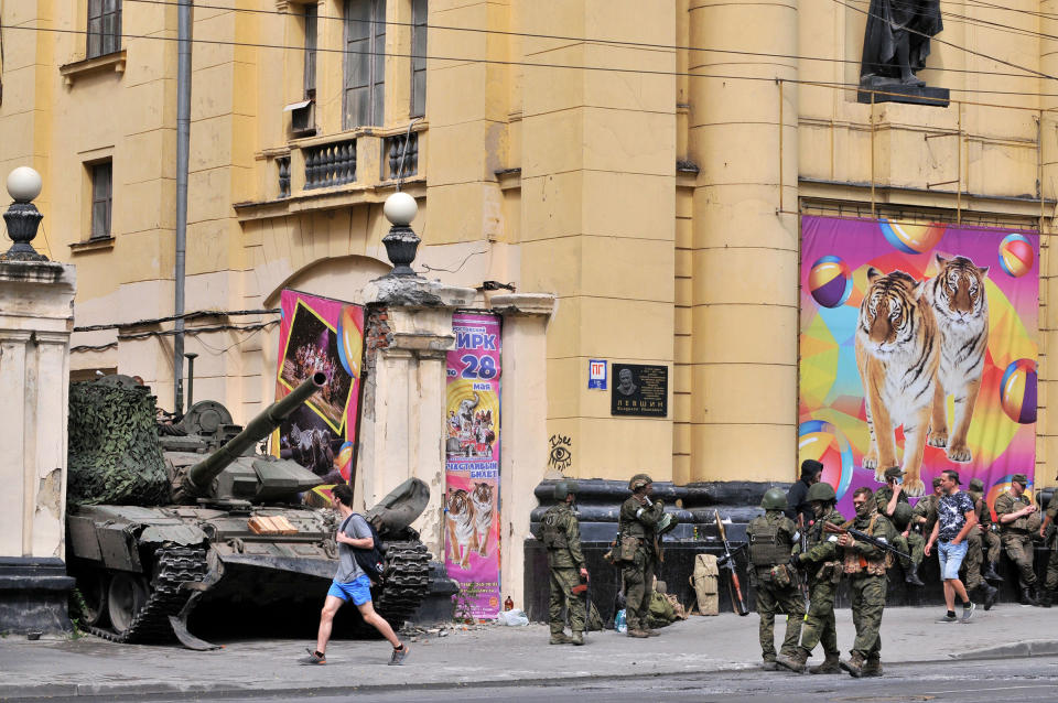 Wagner Group fighters deployed outside the Russian Southern Military District staff headquarters on June 24 in Rostov-on-Don, Russia.<span class="copyright">Arkady Budnitsky—UPI/Shutterstock</span>