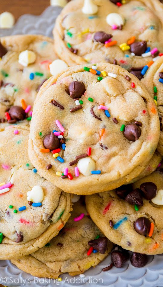 <p>Because cake batter is appropriate for every holiday. </p><p>Get the <strong><a href="http://sallysbakingaddiction.com/2012/12/09/recipe-round-2-cake-batter-chocolate-chip-cookies/" rel="nofollow noopener" target="_blank" data-ylk="slk:Cake Batter Chocolate Chip Cookies recipe;elm:context_link;itc:0;sec:content-canvas" class="link ">Cake Batter Chocolate Chip Cookies recipe</a></strong> at Sally's Baking Addiction. </p>