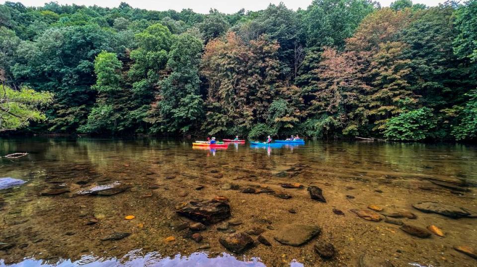 Kayakers float down the New River in the New River State Park in Ashe County.