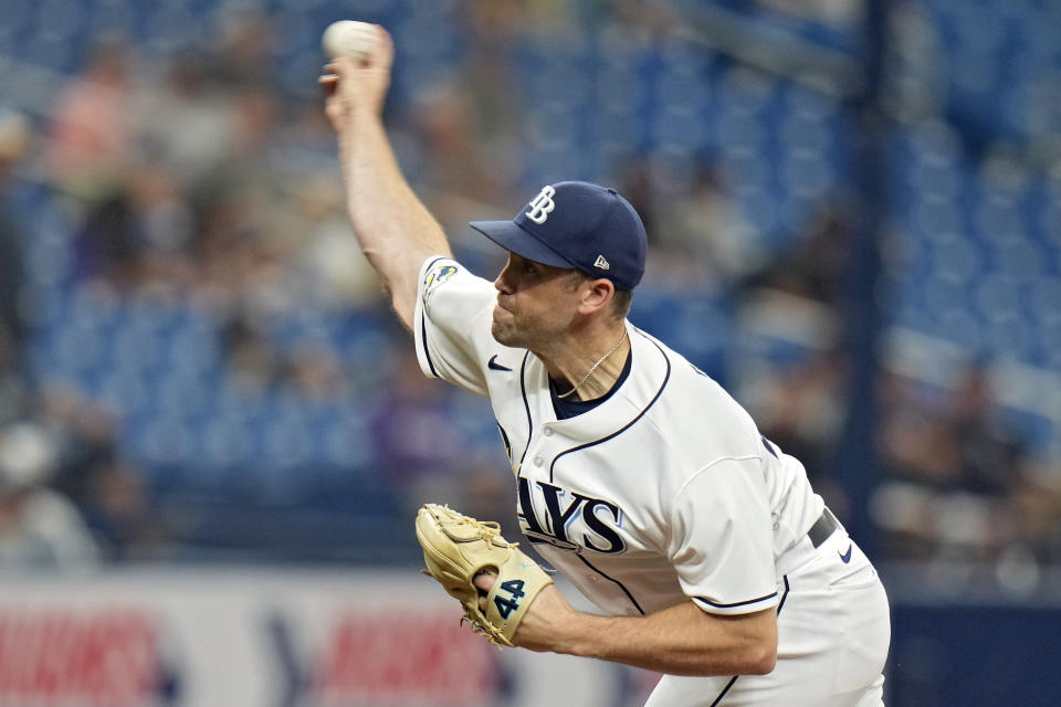 FILE - Tampa Bay Rays' Jason Adam pitches to the Colorado Rockies during the eighth inning of a baseball game Aug. 24, 2023, in St. Petersburg, Fla. Reliever Adam tried to beat the Rays in salary arbitration for the second year in a row, asking a panel Monday, Feb. 12, 2024, for a raise to $3.25 million instead of the team's $2.7 million offer. (AP Photo/Chris O'Meara, File)