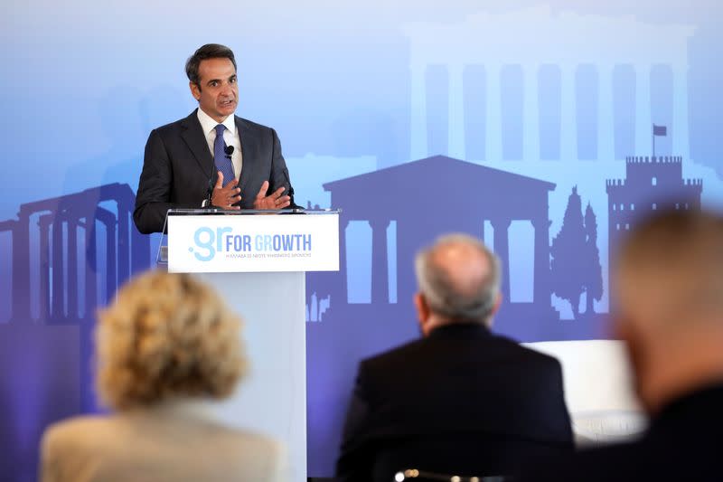 Greek Prime Minister Kyriakos Mitsotakis speaks during an event on Microsoft new investment in Greece