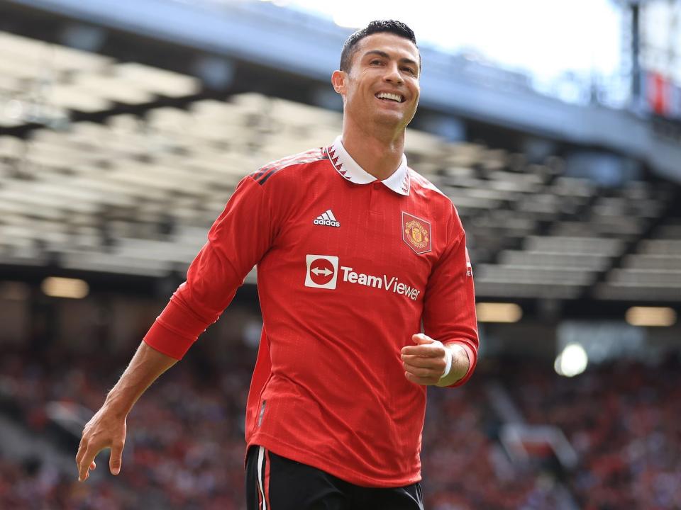 Cristiano Ronaldo of Manchester United smiles during the Pre-Season Friendly match between Manchester United and Rayo Vallecano at Old Trafford.