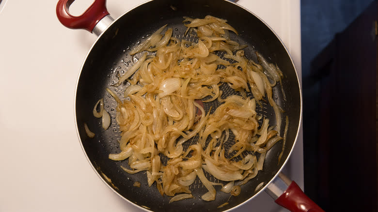 caramelized onions cooking in pan 