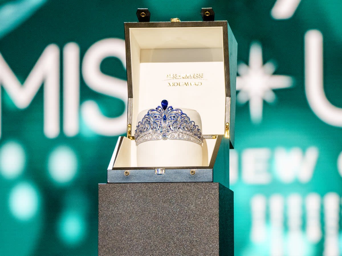 A general view of the Miss Universe titleholder crown ‘Force for Good’ during the crown unveiling press conference at the New Orleans Morial Convention Center seen in this photo from January 2023  (Getty Images)