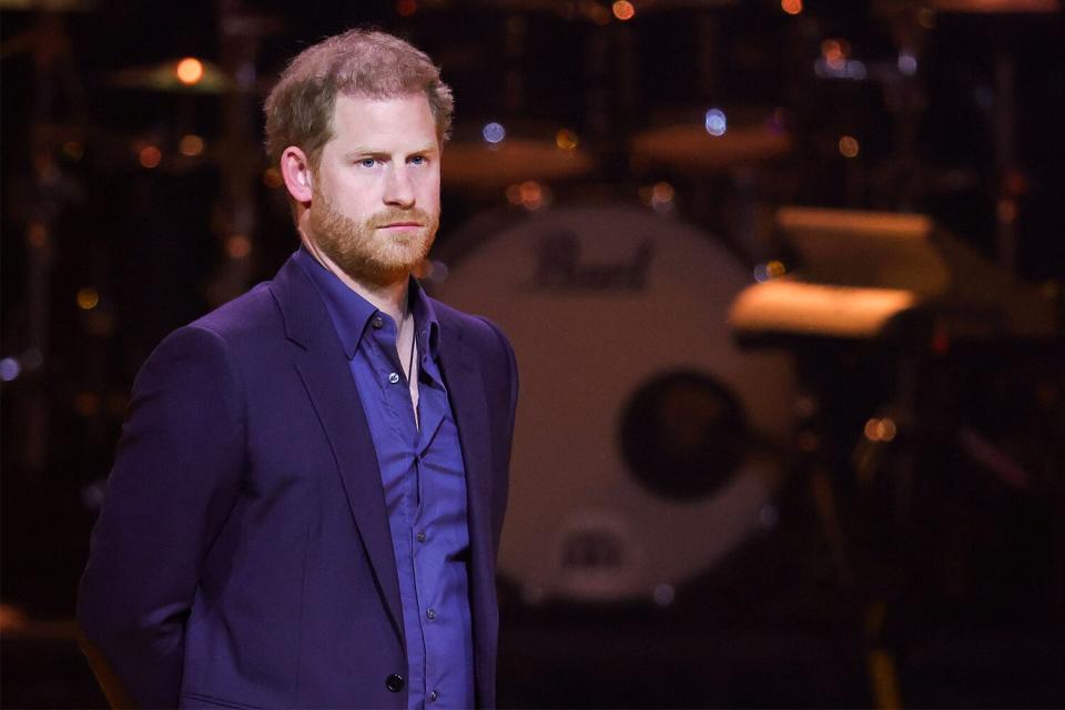 Prince Harry, Duke of Sussex is seen on stage during the Invictus Games The Hague 2020 Closing Ceremony at Zuiderpark on April 22, 2022 in The Hague, Netherlands.