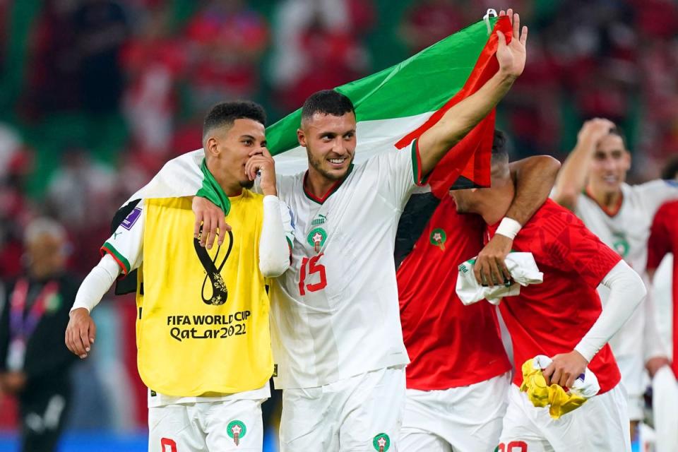 Morocco’s Azzedine Ounahi (left) and Selim Amallah celebrate reaching the World Cup last 16 after beating Canada (Mike Egerton/PA) (PA Wire)