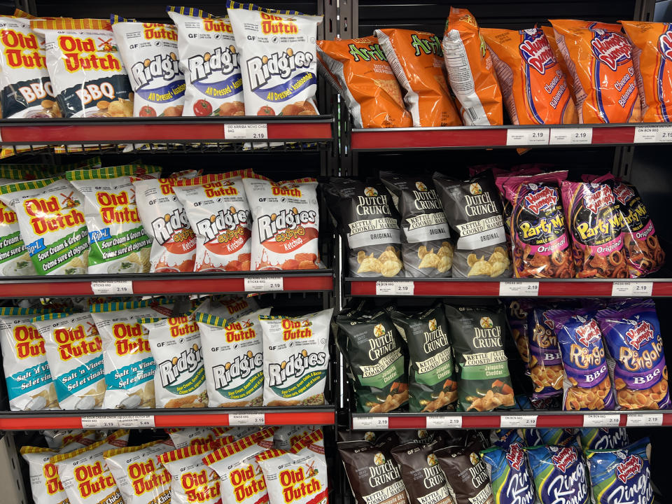 Potato chips and other snacks are being displayed at a shop in Toronto, Ontario, Canada, on January 29, 2024. (Photo by Creative Touch Imaging Ltd./NurPhoto via Getty Images)