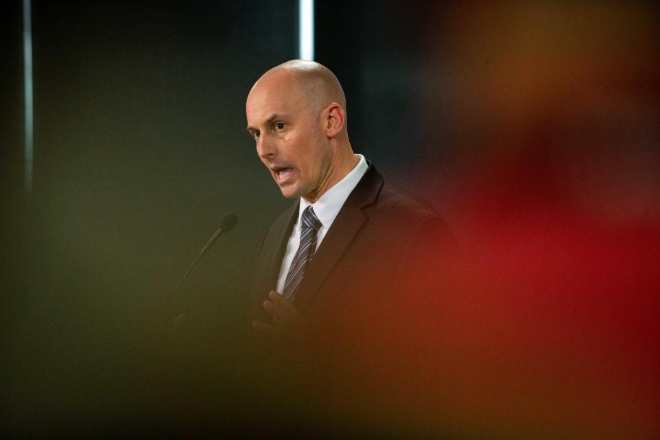 Grand Rapids Chief of Police Eric Winstrom answer questions after the release of footage from the shooting of Patrick Lyoya by Grand Rapids Police Wednesday, April 13, 2022, in downtown Grand Rapids. 