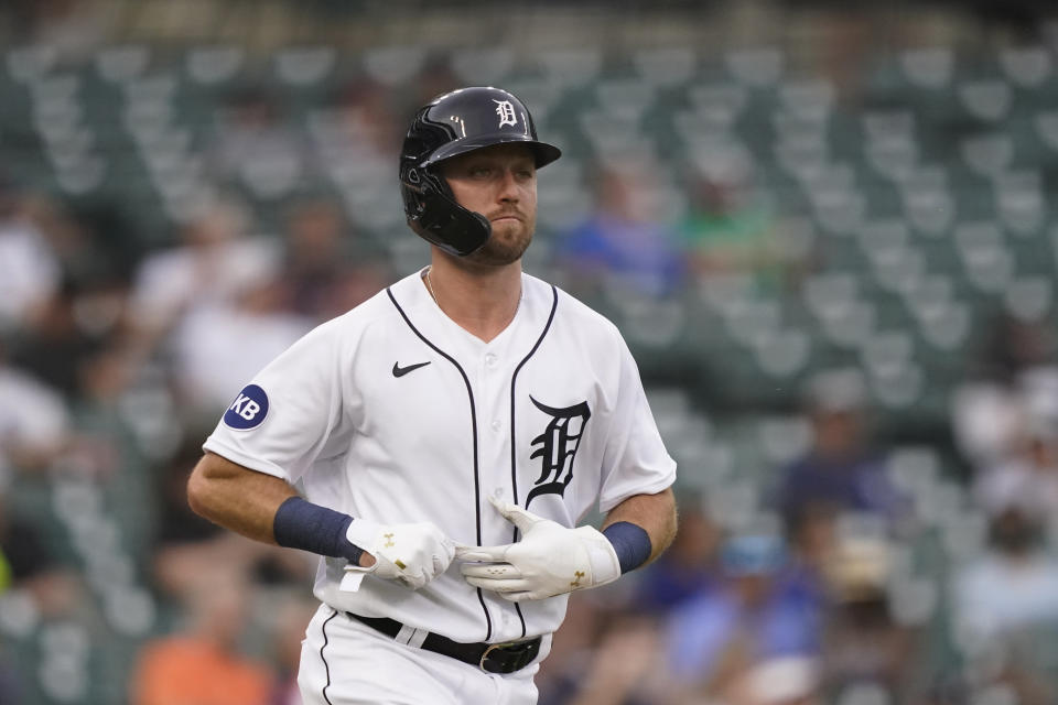 Detroit Tigers' Kody Clemens walks to first on a base on balls during the third inning of the second baseball game of a doubleheader against the Minnesota Twins, Tuesday, May 31, 2022, in Detroit. (AP Photo/Carlos Osorio)