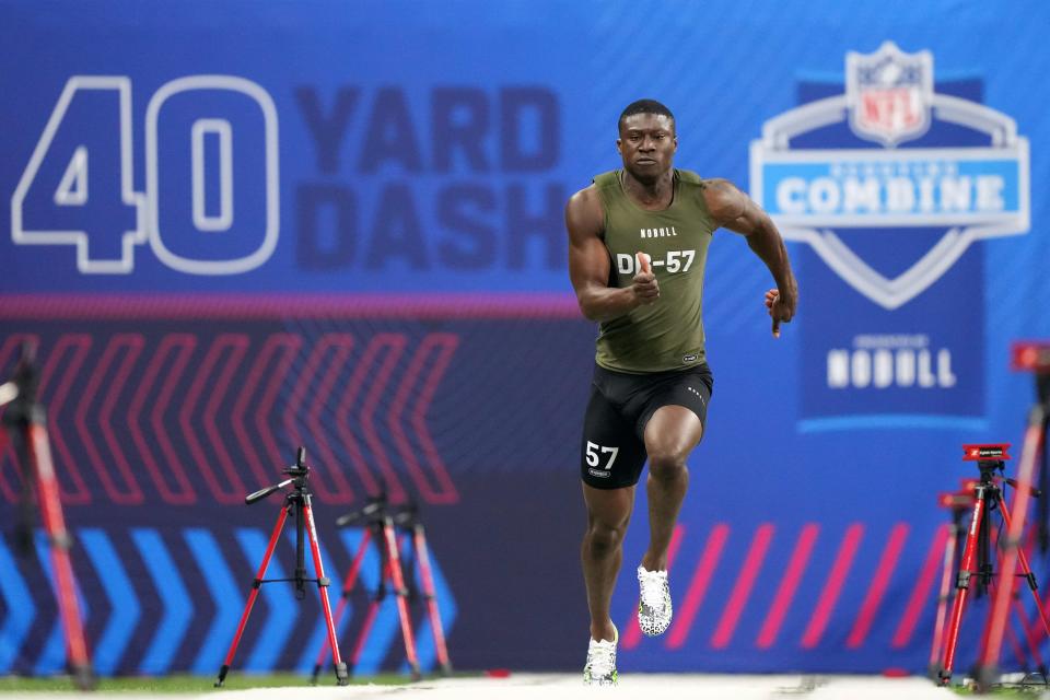 Oregon State defensive back Kitan Oladapo works out during the 2024 NFL Combine at Lucas Oil Stadium March 1, 2024, in Indianapolis.