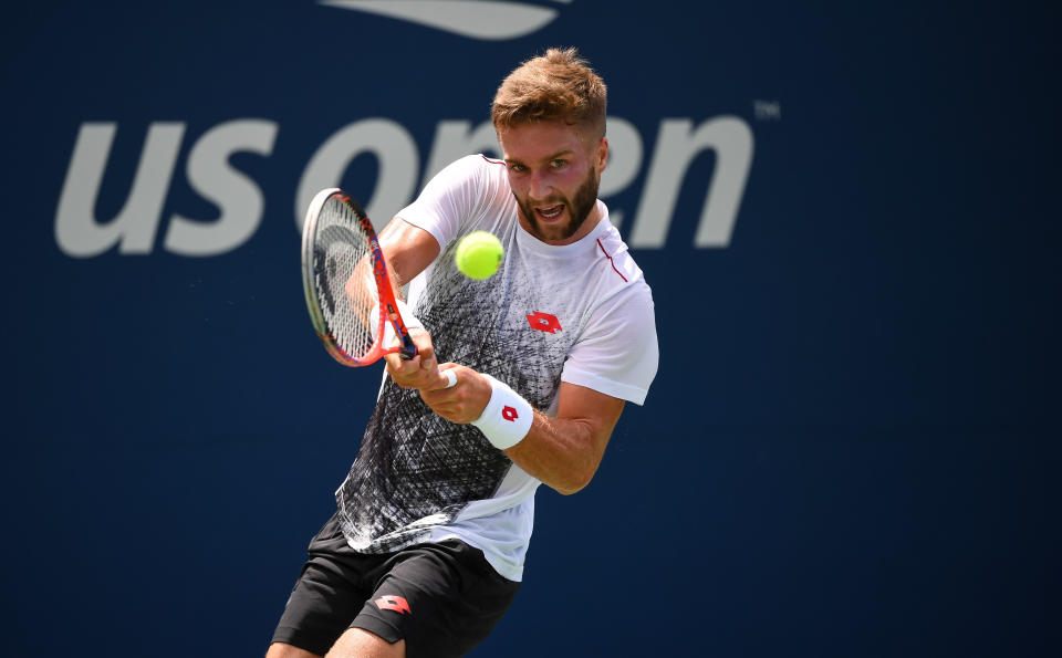 NEW YORK, NY - AUGUST 22: Liam Broady of Great Britain in action during his qualifying match against Jay Clarke of Great Britain for a place in the main draw of the US Open at the USTA Billie Jean King National Tennis Centre on August 22, 2018 in New York City, United States. (Photo by TPN/Getty Images)