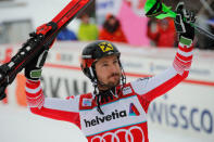 Alpine Skiing - Alpine Skiing World Cup - Men's Slalom - Adelboden, Switzerland - January 13, 2019 Austria's Marcel Hirscher celebrates winning the Men's Slalom REUTERS/Stefan Wermuth