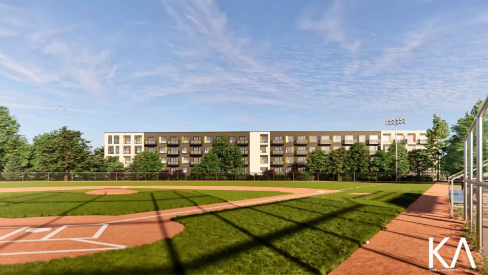 A rendering shows what the proposed Verde Terrace Apartments in Greenfield would look like from the baseball diamond at Konkel Park.