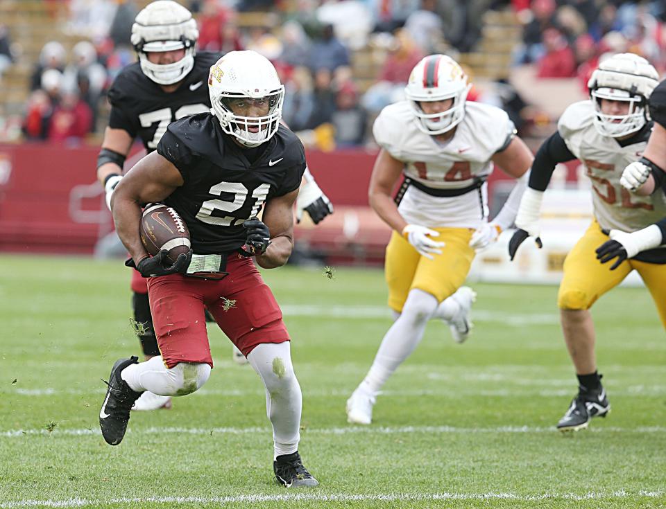 Iowa State Cyclones' running back Jirehl Brock (21) runs with the ball for a touchdown during the university's Spring Football game at Jack Trice Stadium.