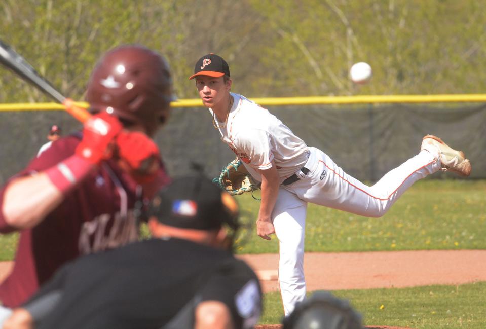 Plainfield sophomore Keyan Mayernik pitches to Killingy's Nathan Keefe during Killingly's 3-1 win in Plainfield. (John Shishmanian/NorwichBulletin.com)