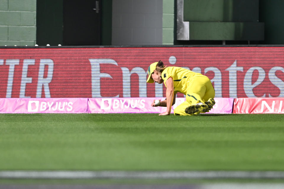 Ellyse Perry, pictured here in action against South Africa at the women's World Cup.