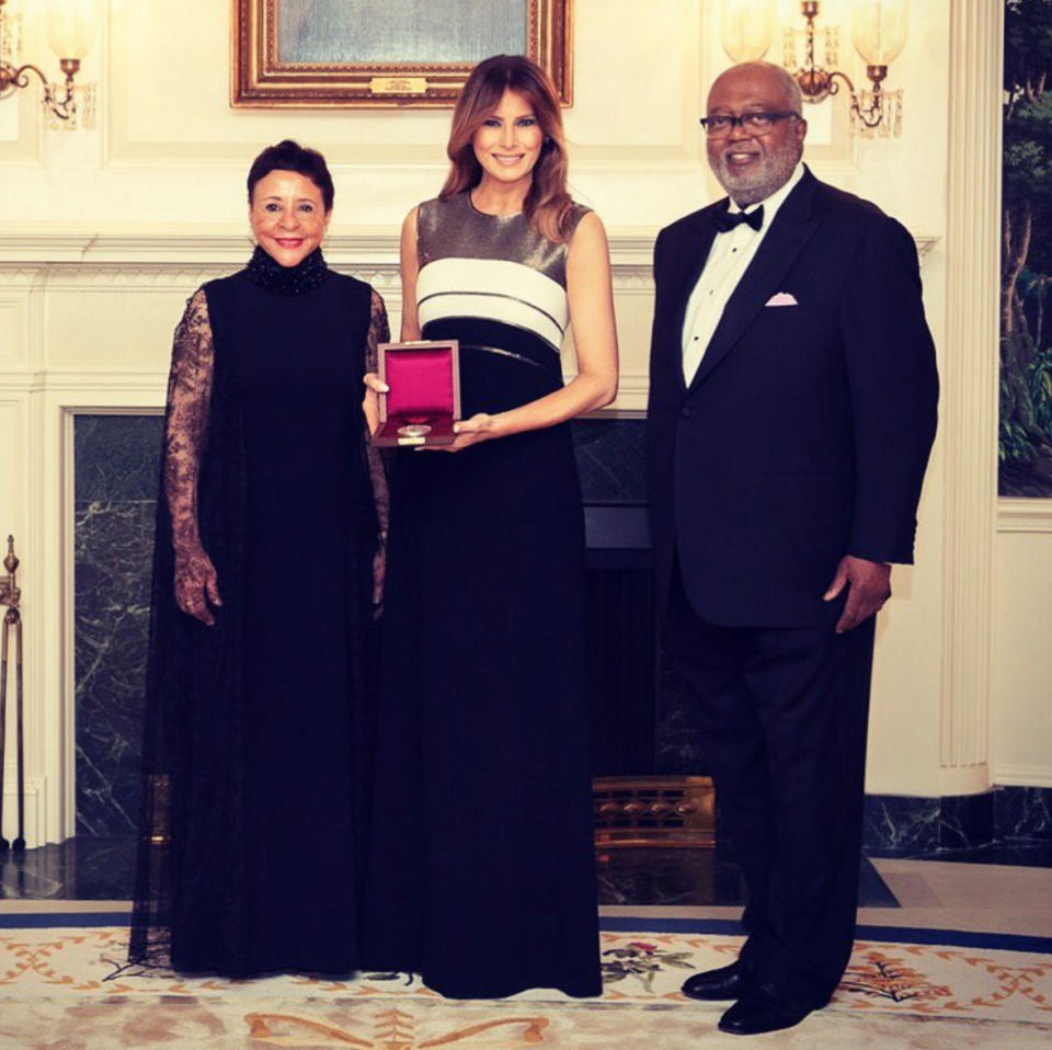 Melania Trump, honorary chair of the annual event at Ford’s Theatre, with Sheila C. Johnson, left, and William Newman, Johnson’s husband, right. (Photo: Melania Trump via Twitter)