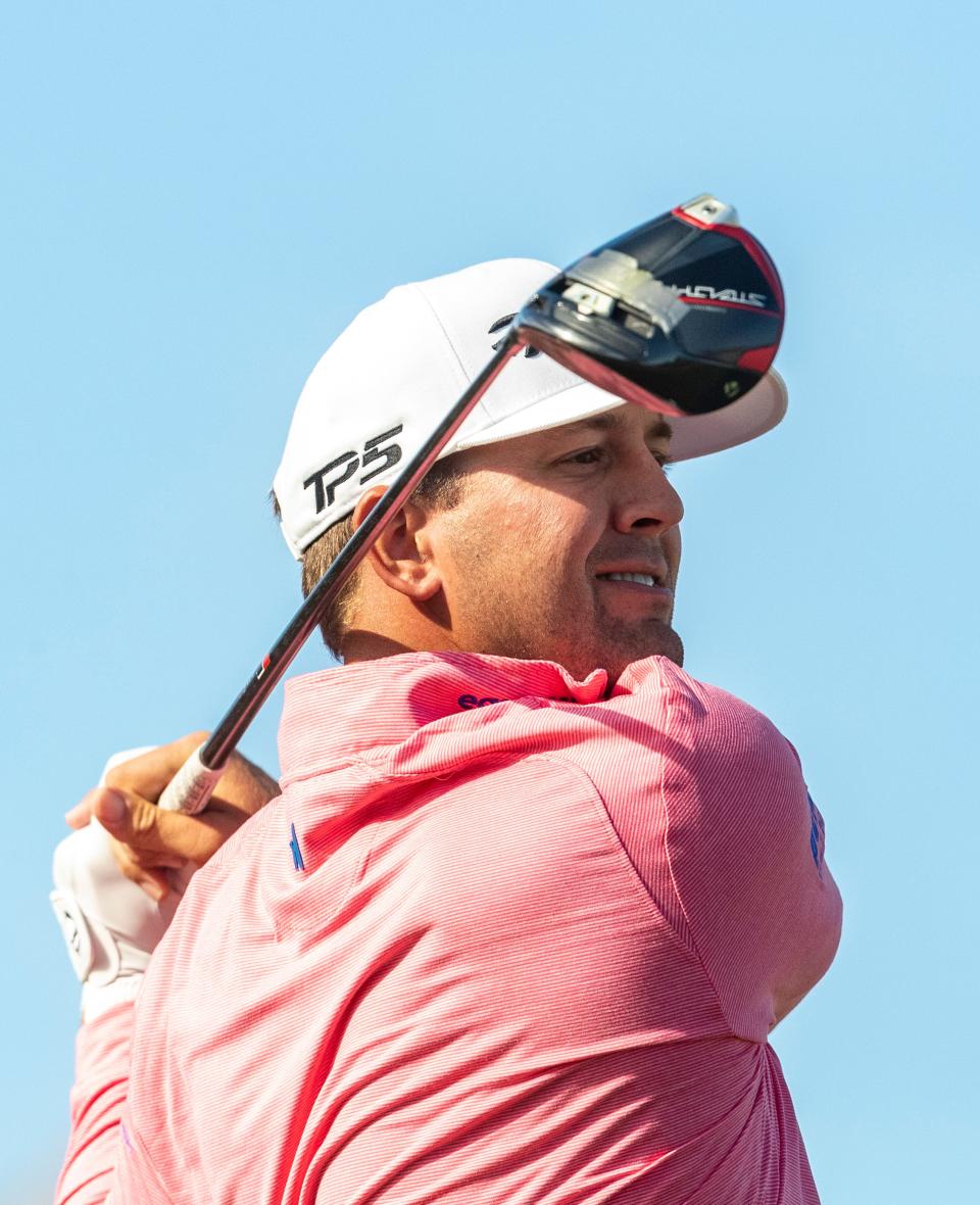 Taylor Montgomery tees off on hole one to start the final round of The American Express on the Pete Dye Stadium Course at PGA West in La Quinta, Calif., Sunday, Jan. 22, 2023.