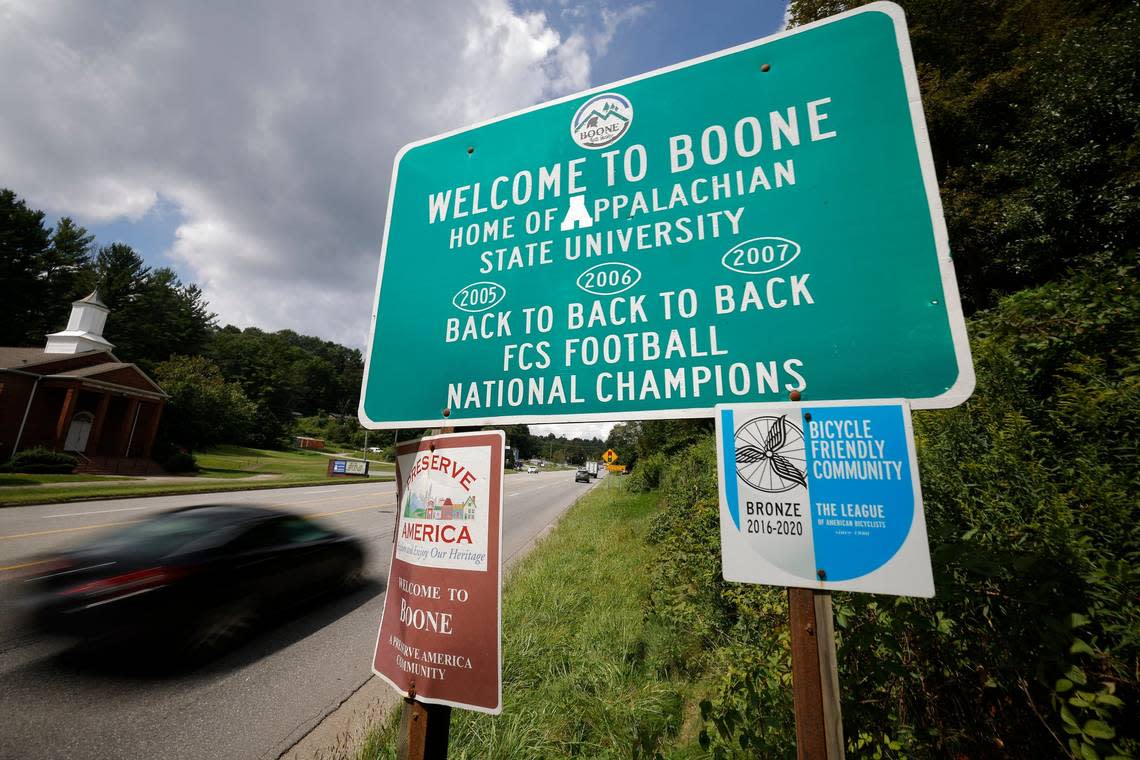 A road sign along U.S. Route 421 welcomes motorists to Boone, N.C., Tuesday, Aug. 30, 2022. The city of Boone is preparing for Appalachian State Universitys football game against UNC this Saturday.