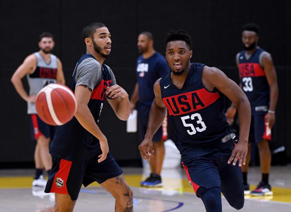 USA Basketball teammates Jayson Tatum and Donovan Mitchell are now each worth close to $200 million. (Harry How/Getty Images)