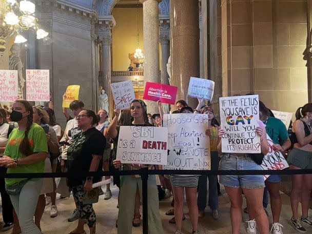 PHOTO: Abortion-rights protesters fill Indiana Statehouse corridors and cheer outside legislative chambers, Aug. 5, 2022, as lawmakers vote to concur on a near-total abortion ban, in Indianapolis. (Arleigh Rodgers/AP, FILE)