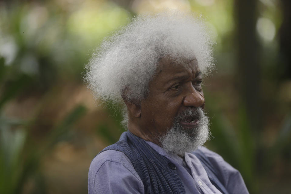 Nobel Laureate Wole Soyinka, speaks to The Associated Press during an interview at freedom park in Lagos, Nigeria, Thursday, Oct. 28, 2021. Wole Soyinka, Nigeria's Nobel-winning author, sees his country's many problems — misgoverning politicians, systemic corruption, violent extremists, and kidnapping bandits — yet he does not despair. At 87, he says Nigeria's youth may have the energy and the know-how to get the troubled country back on track. He says Nigeria needs a "brutal" soul-searching and a leader who will "take the bull by the horns" for things to improve. (AP Photo/Sunday Alamba)