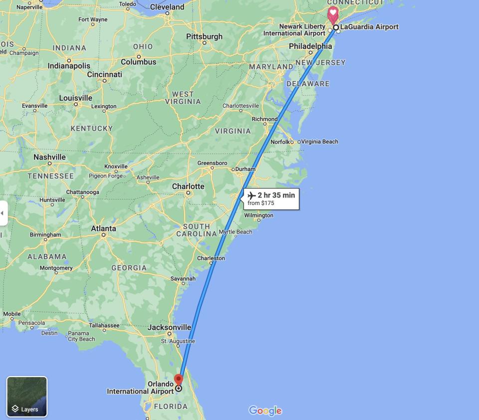 A map that shows the route between LaGuardia Airport and Orlando International Airport.