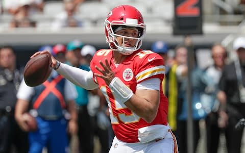 Kansas City Chiefs quarterback Patrick Mahomes throws a pass during the first half of an NFL football game against the Jacksonville Jaguars, Sunday, Sept. 8, 2019, in Jacksonville - Credit: AP