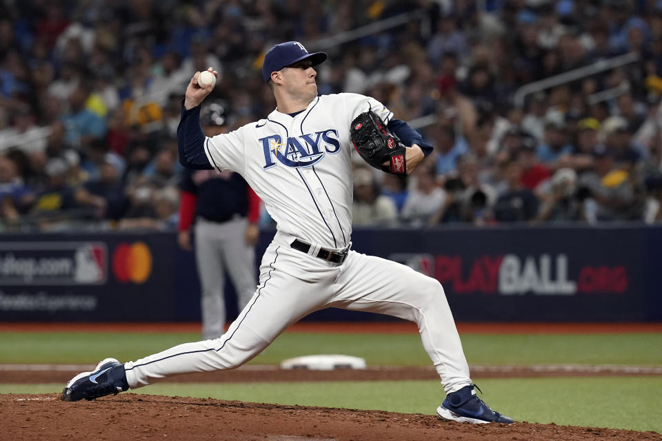 Tampa Bay Rays pitcher Matt Wisler throws to a Boston Red Sox batter during the fifth inning of Game 2 of a baseball American League Division Series, Friday, Oct. 8, 2021, in St. Petersburg, Fla. (AP Photo/Steve Helber)