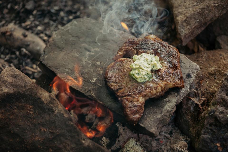 Steak On a Hot Rock with Wild Herb Butter