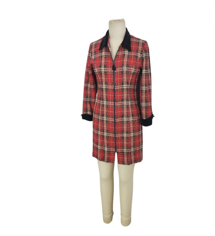 90s Red Plaid Jacket Dress Velvet Collar Cuffs