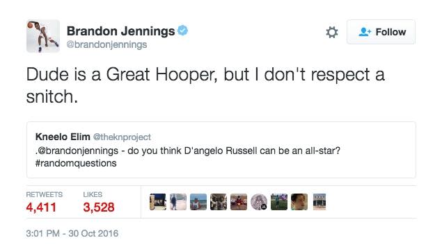 A screenshot of Brandon Jennings' since-deleted Twitter jab at D'Angelo Russell.