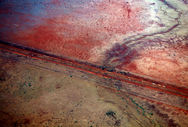 FILE PHOTO: Train loaded with iron ore can be seen near Fortescue Solomon iron ore mine located in the Valley of the Kings