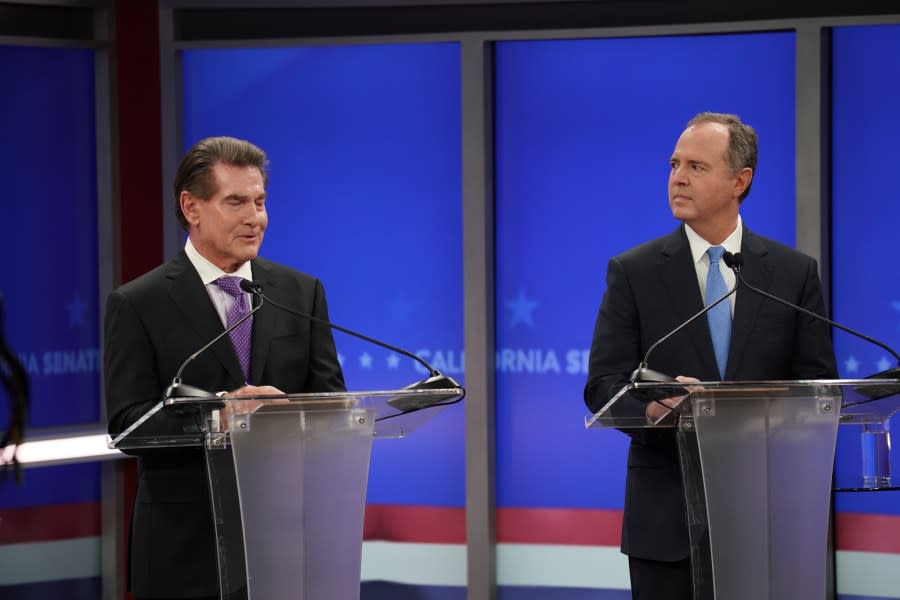 Steve Garvey and Rep. Adam Schiff at their podiums during a California Senate debate from KRON-TV studios in San Francisco. / Photo: Nexstar Media Group