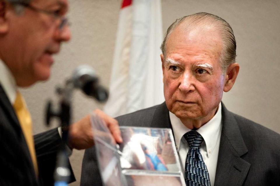 Cruz Reynoso listens to private investigator Frank Roman present evidence during an Independent Civil Rights Commission to examine the fatal shooting of farmworker Luis Gutierrez by Yolo County Sheriff’s deputies in 2010. The giant of civil rights law who was the first Latino justice of the California Supreme Court, died Friday, May 7, 2021, at the age of 90.