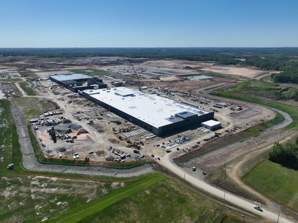 Toyota North Carolina construction progress at the Greensboro-Randolph Megasite as of May 15, 2023. Toyota is constructing two Hybrid Electric Vehicle battery production buildings to support four HEV lines and preparing the pad for one Battery Electric Vehicle battery production building to support two EV lines.