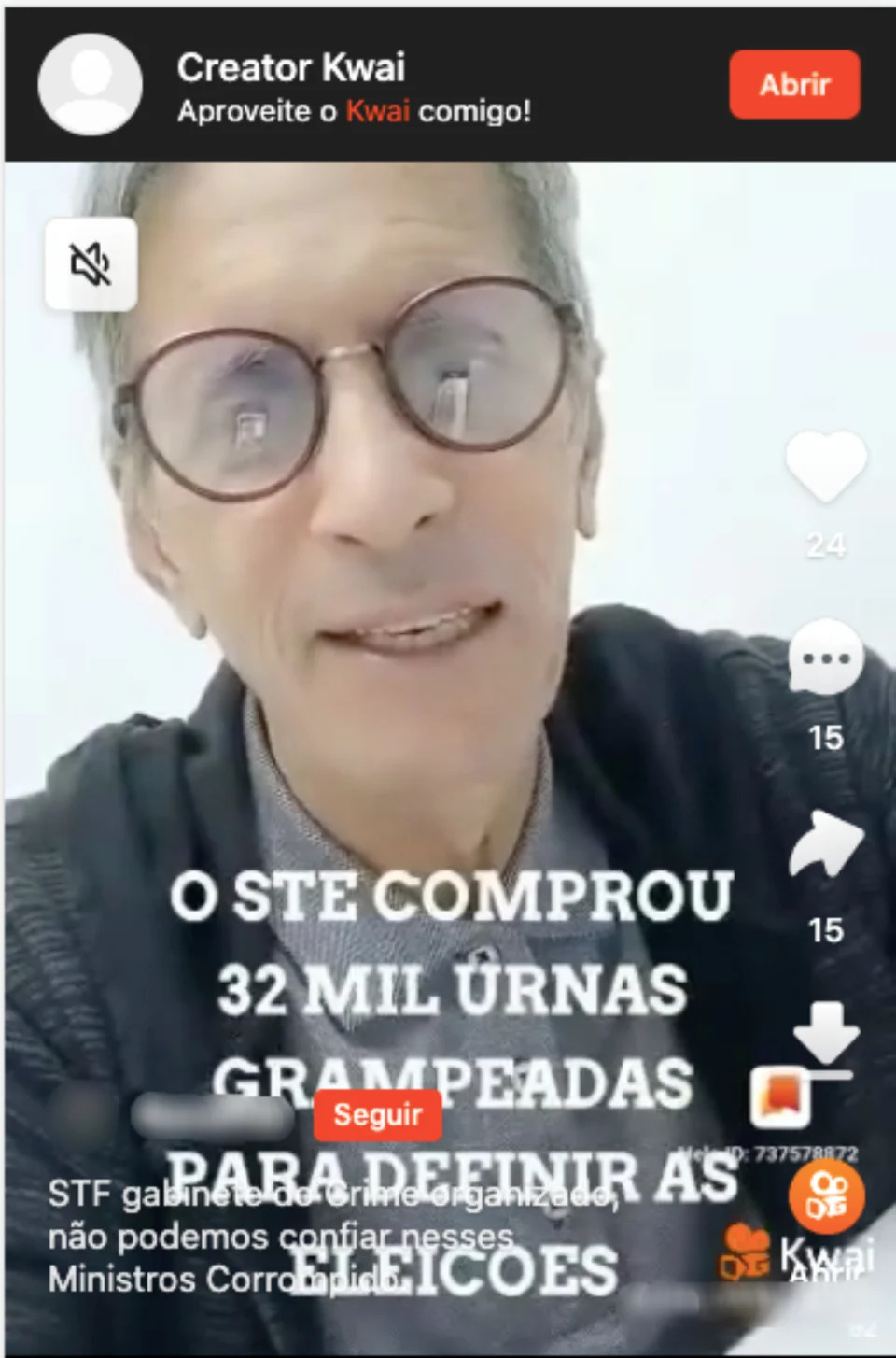 Captura de tela de um vídeo alegando que o TSE adquiriu 32 mil urnas grampeadas para fraudar as eleições (Foto: Kwai / Reprodução)