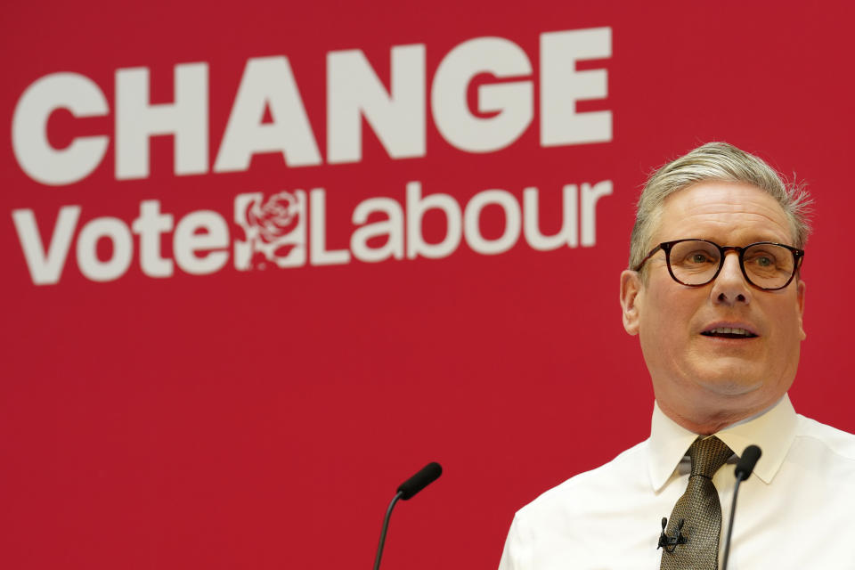 FILE - Britain's Labour Party leader Keir Starmer speaks on stage at the launch of the party's manifesto in Manchester, England, Thursday, June 13, 2024. U.K. voters are set to cast ballots in a national election on July 4, passing judgment on 14 years of Conservative rule. They are widely expected to do something they have not done since 2005 — elect a Labour Party government. (AP Photo/Jon Super, File)