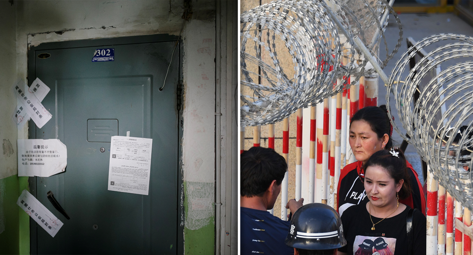 Left - the door of a Uyghur activist after he was arrested in China. Right - Uyghurs going through a barbed wire checkpoint in Xinjiang.