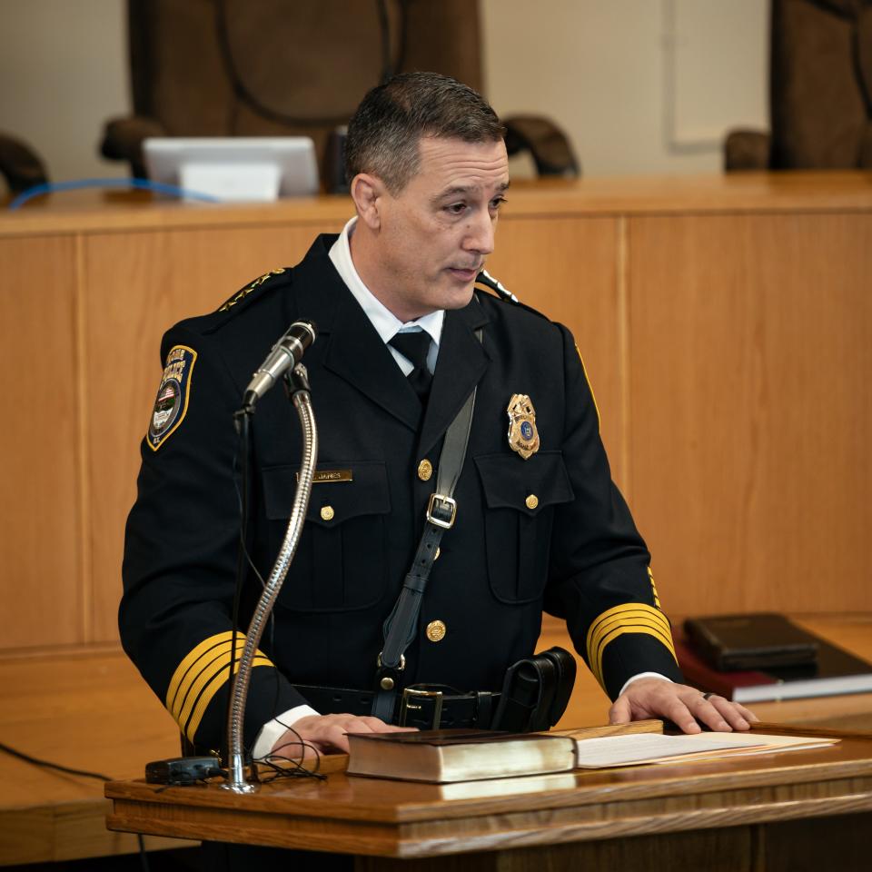 Newly appointed Rome Chief of Police Kevin James speaks inside the Rome Common Council chambers on Friday, January 12, 2024.