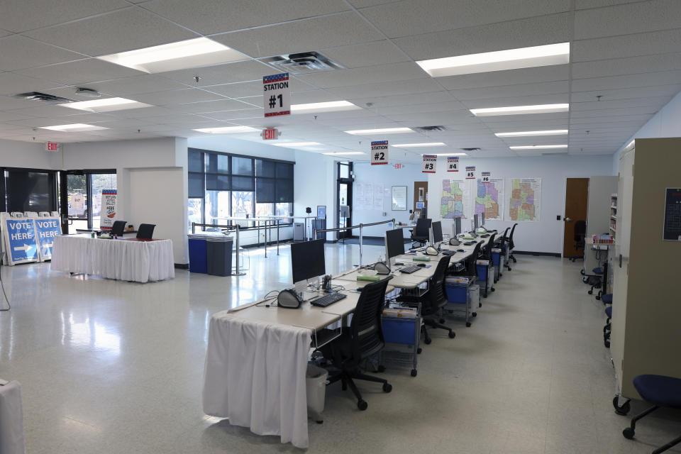 The City of Minneapolis early voting center is setup a day early and ready for in-person voters, shown Thursday, Sept. 19, 2024, in Minneapolis, Minn. In-person voting in the 2024 presidential contest begins Friday in three states, including Democratic vice presidential candidate Tim Walz's home state of Minnesota, with just over six weeks left before Election Day. (AP Photo/Adam Bettcher)