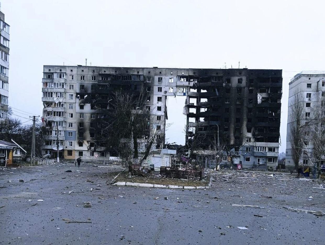 A view of heavy damage in the residential area of Borodyanka, on the outskirts of Kyiv, Ukraine, Thursday, March 3, 2022, following a Russian strike.