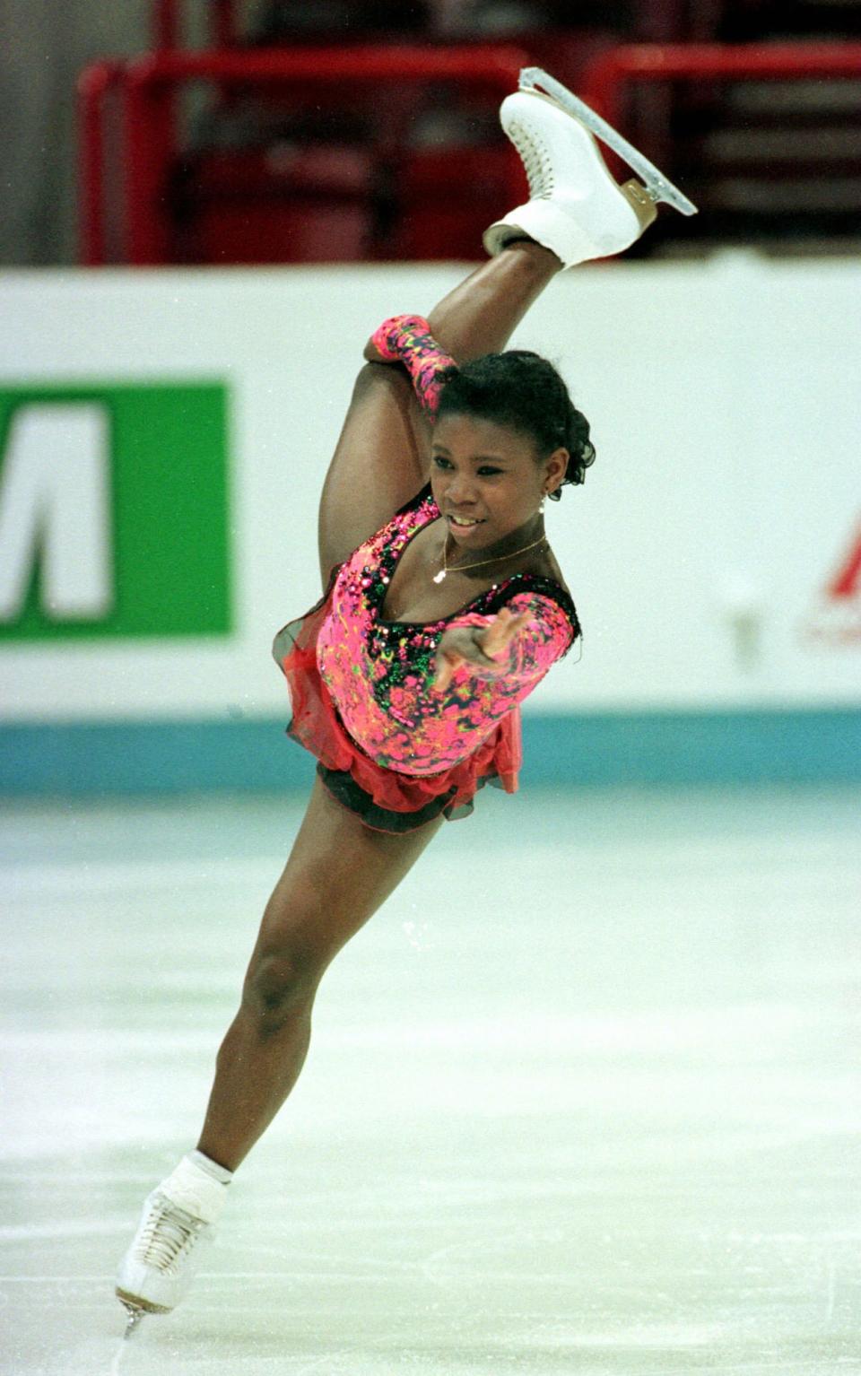 <p>French skater Surya Bonaly became the first woman to land a quad jump in a major competition at the European Championships. She also attempted a quad salchow, but fell. </p>