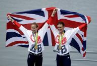 <p>Helen Glover and Heather Stanning, of Britain, celebrate their gold in the women’s rowing pair final during the 2016 Summer Olympics in Rio de Janeiro, Brazil, Friday, Aug. 12, 2016. (AP) </p>